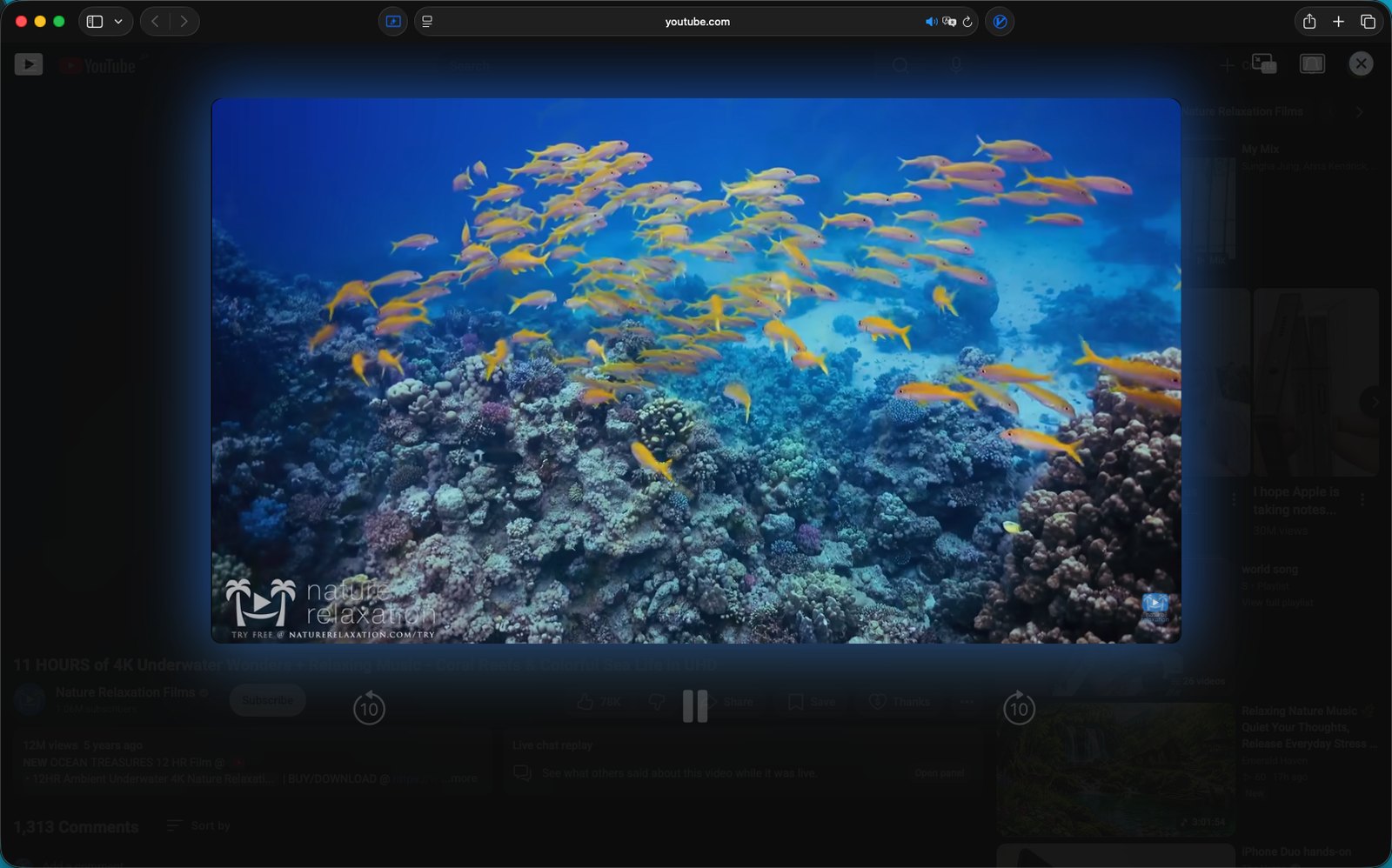 Focus mode in Safari on a Mac, the page dark behind the video
