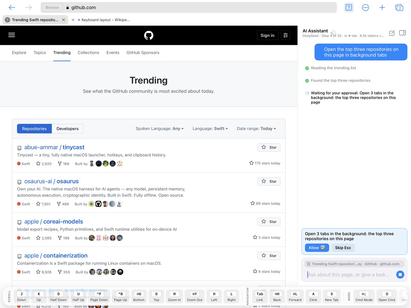 The AI agent asking for approval before opening background tabs
