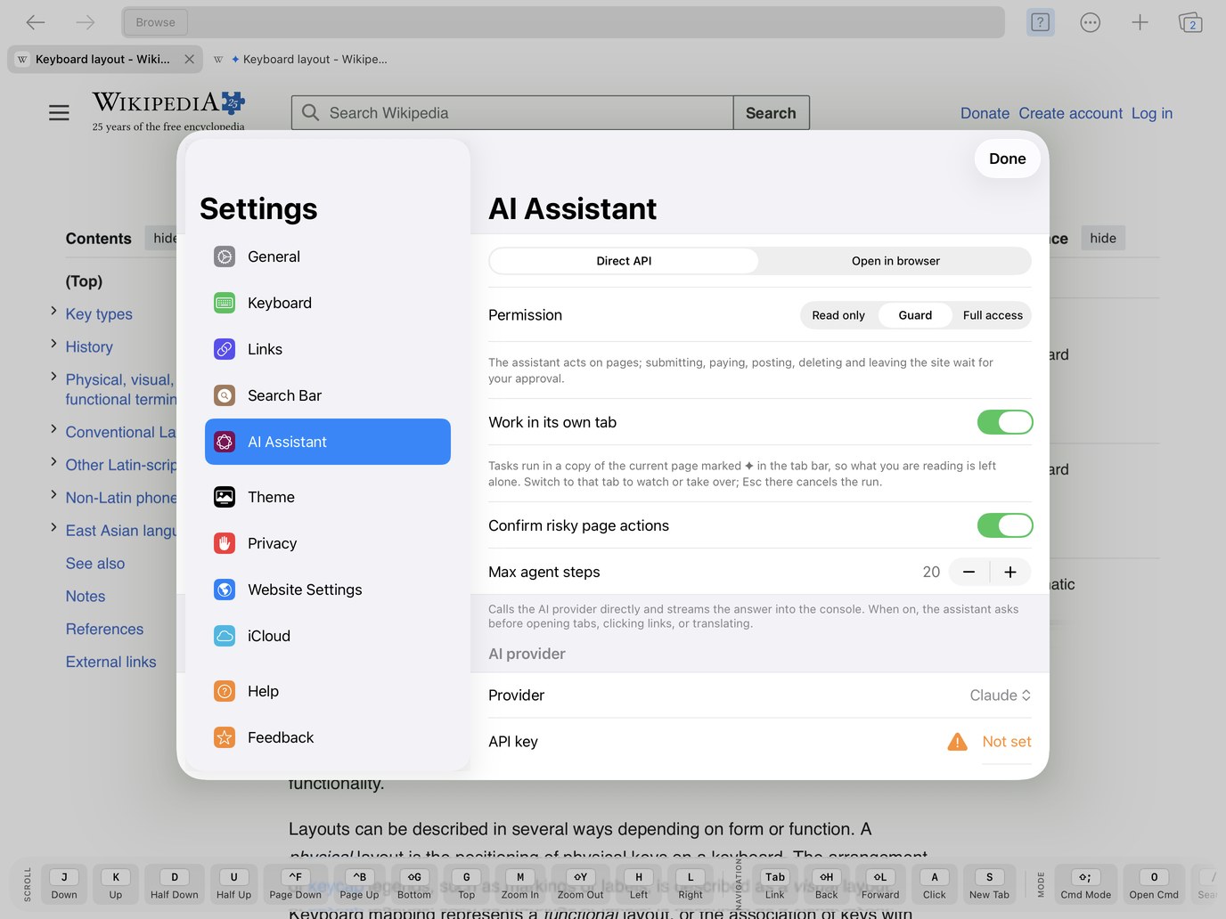 Settings › AI Assistant with the provider, on-device routing and budget