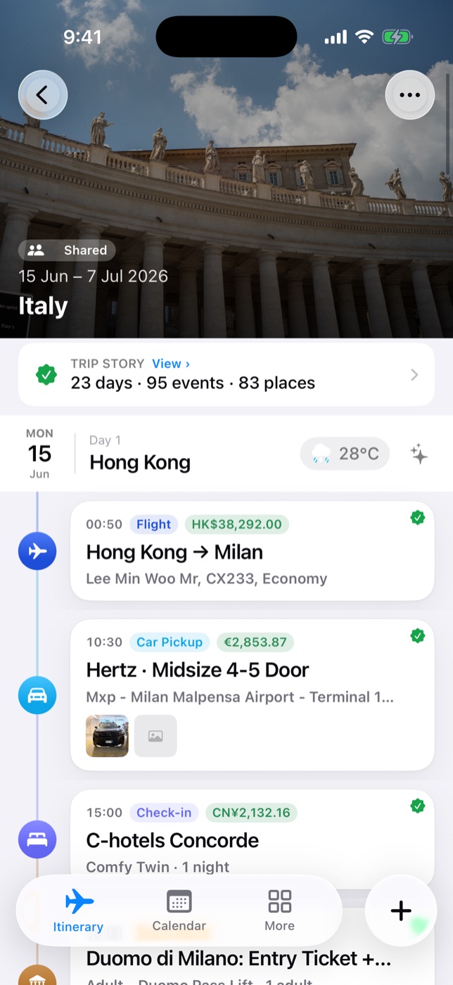 Itinr itinerary timeline with flights, car pickup and checked-in events