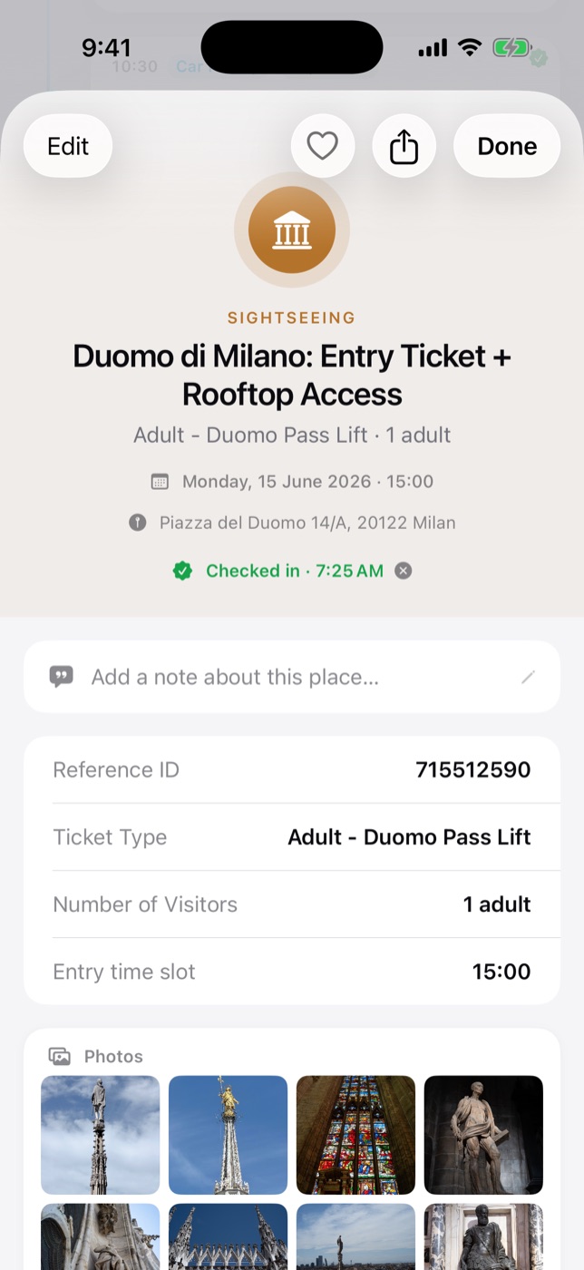 Sightseeing event with ticket details, check-in and photos