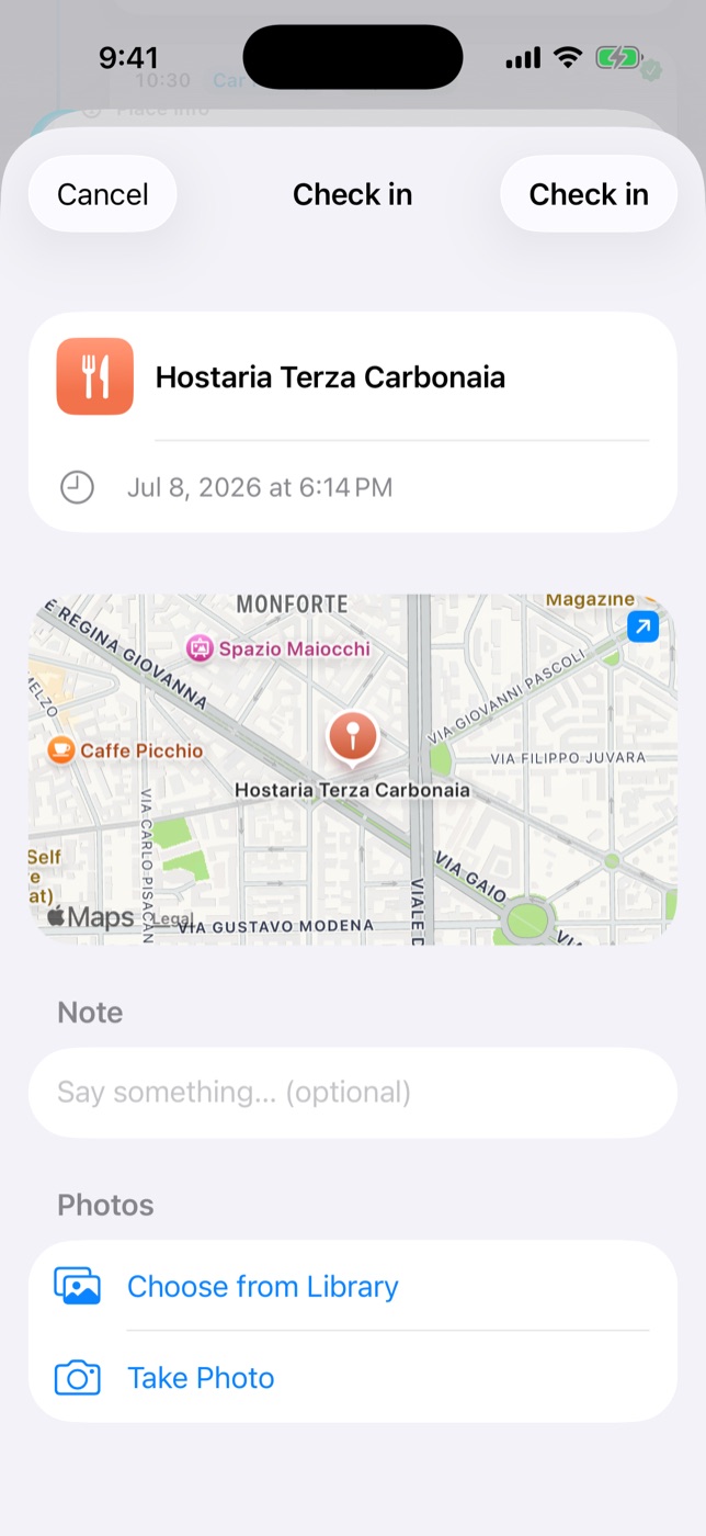 Check in at a restaurant with map, note and photos