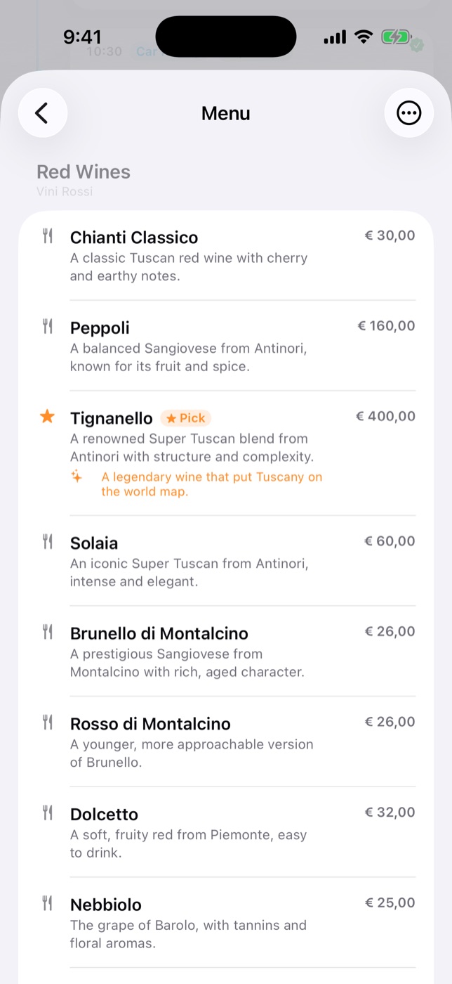 Restaurant menu translated into your language with recommended dishes