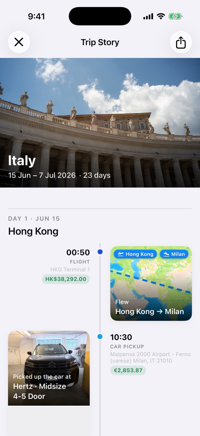 Trip story recap with hero image, timeline feed and flight route map