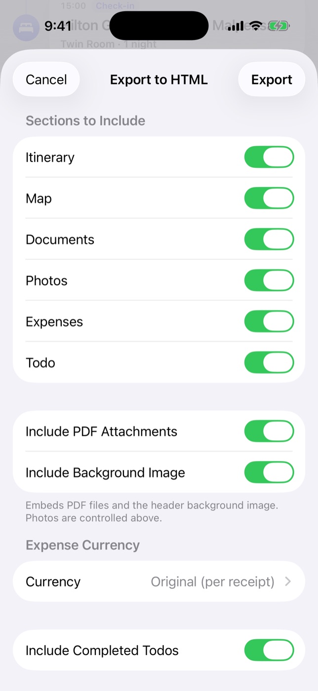 Export to HTML — choose sections, attachments and currency for a shareable web page