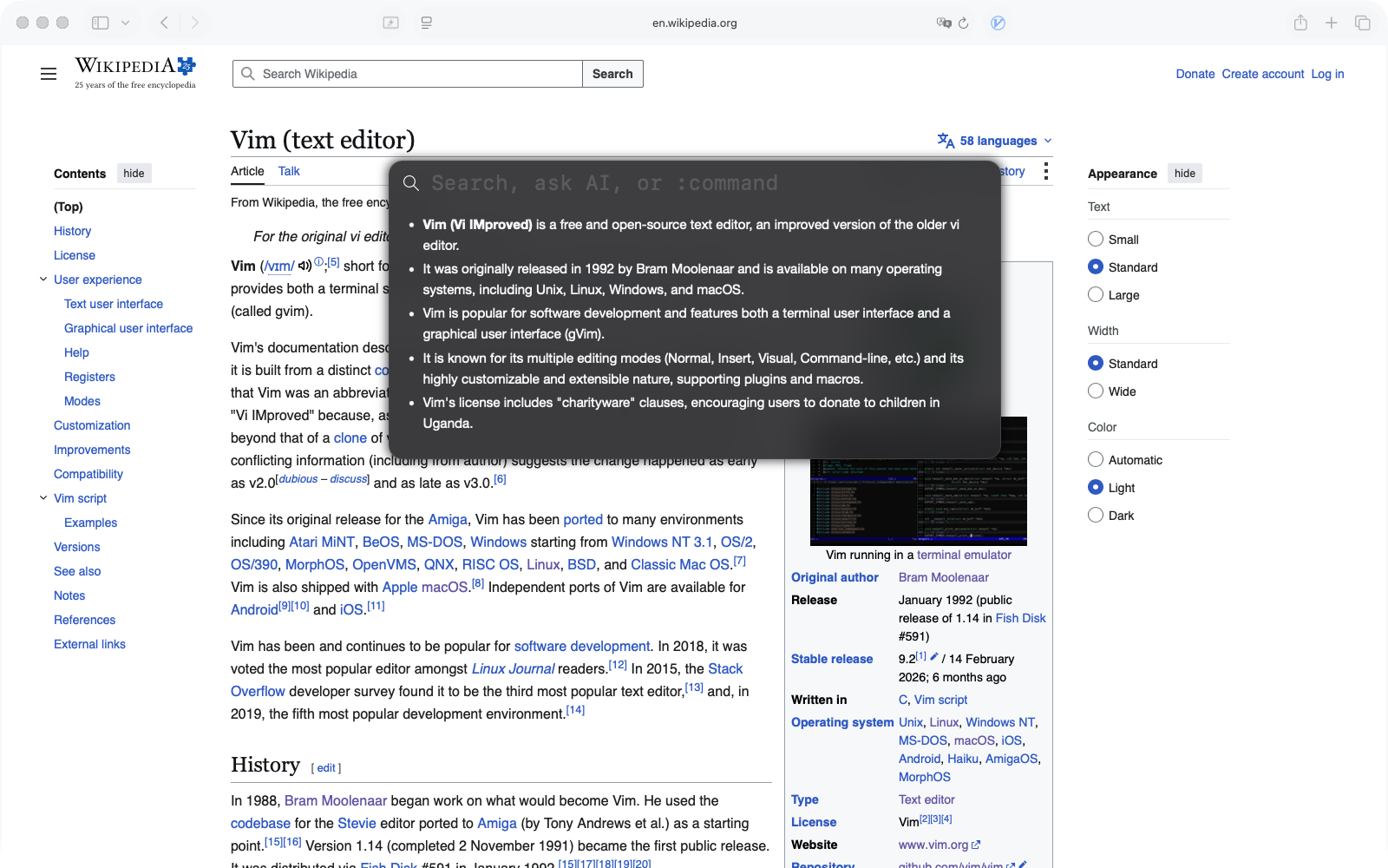 An AI answer streaming inline in the Vimlike bar over a Wikipedia article