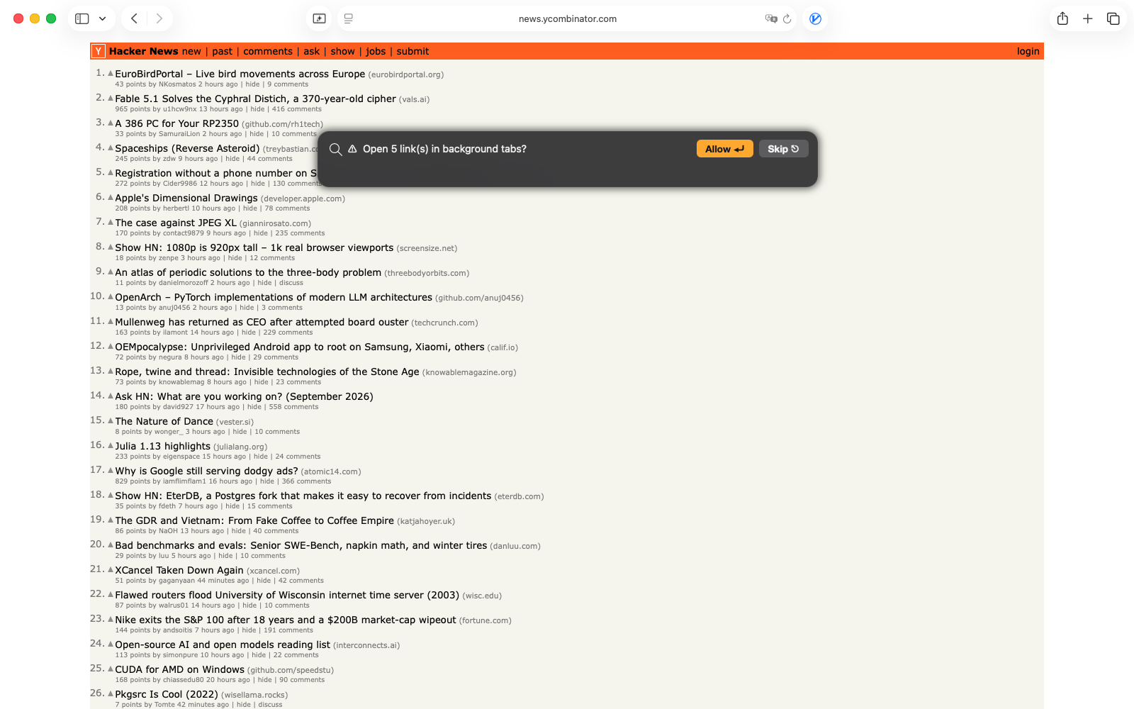 A confirmation reading Open 5 links in background tabs? with Allow and Skip