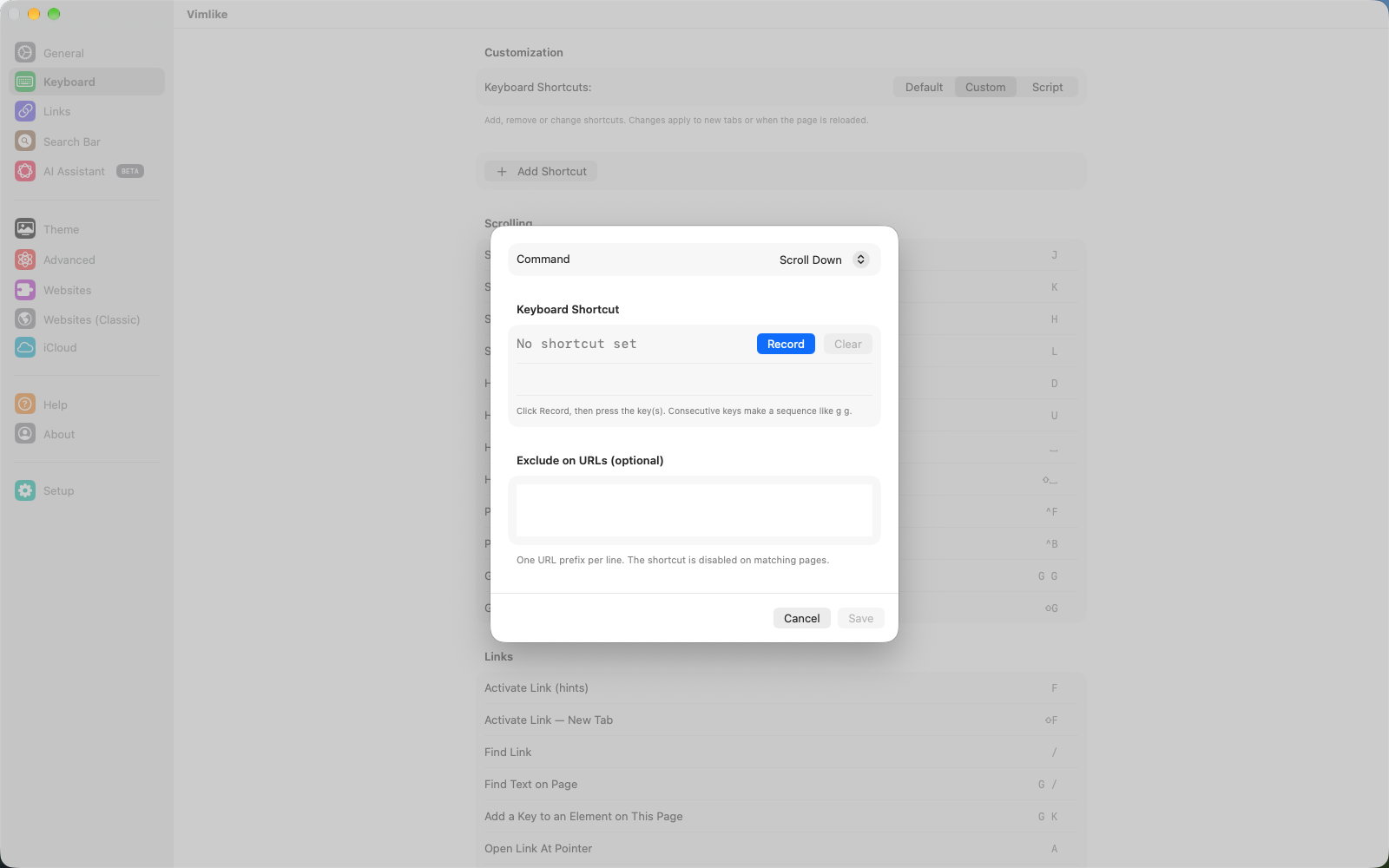 Settings › Keyboard in Custom mode: shortcuts grouped by category with their key caps, and the Add Shortcut sheet open on one