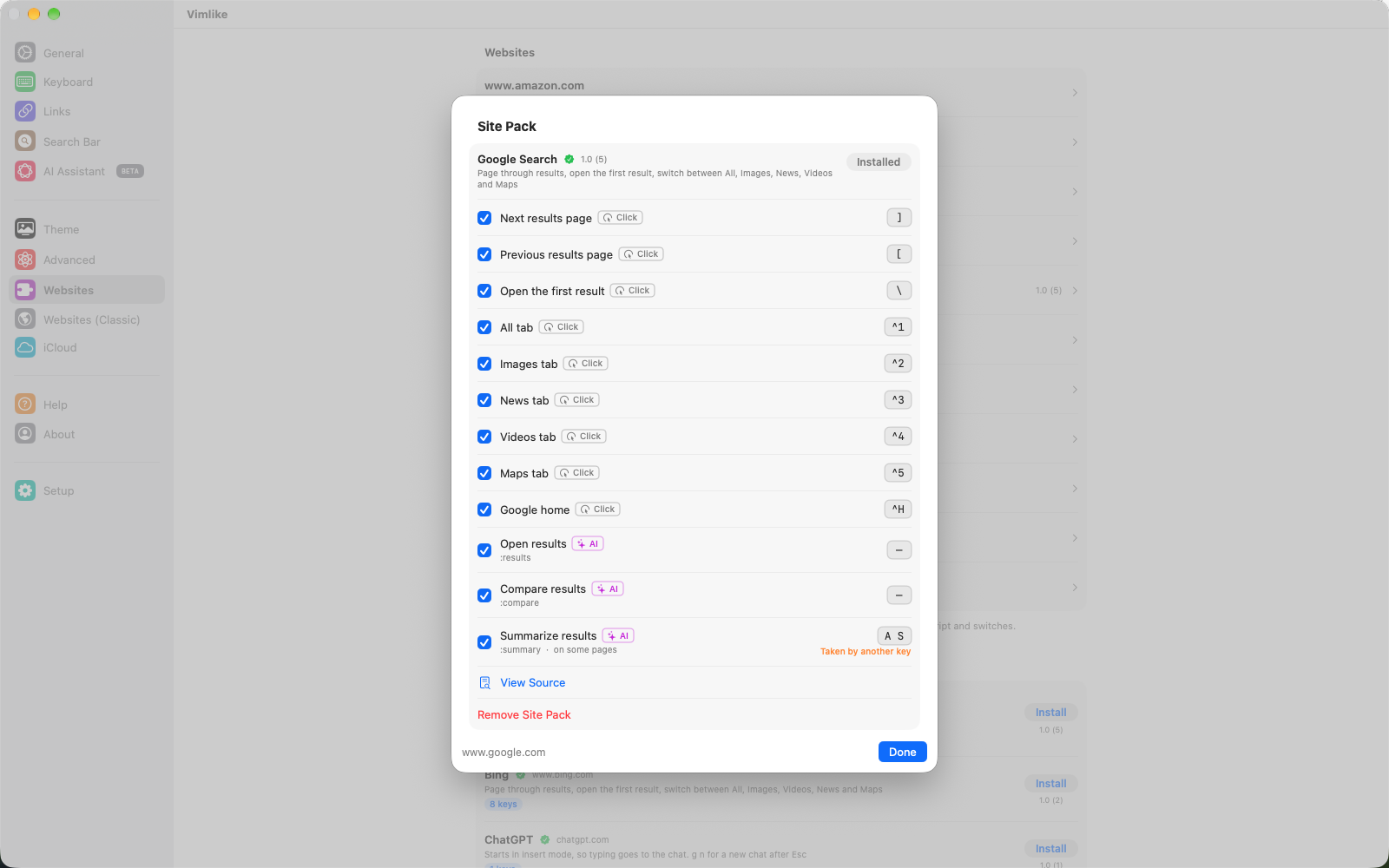 Settings › Websites with a site's sheet open: the Site Pack card on top and Website Settings below