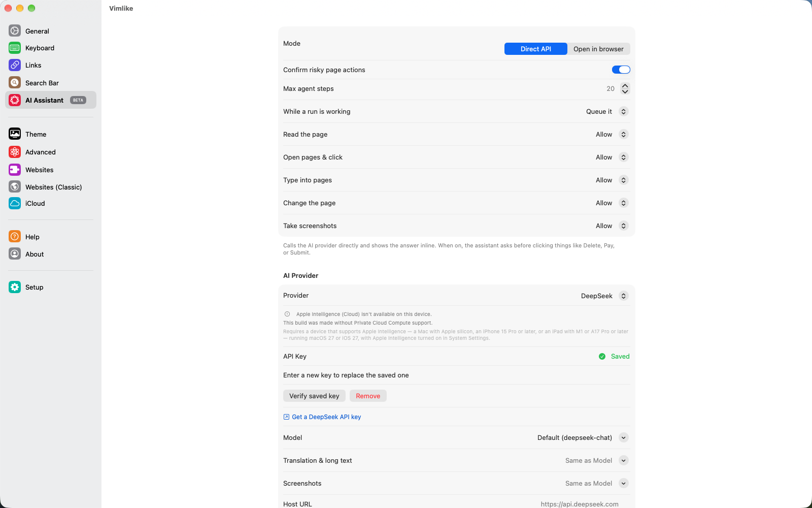 Settings › AI Assistant: Direct API or Open in browser, confirm risky actions, max steps, one Allow/Ask/Deny rule per kind of tool, and the provider with its key and model